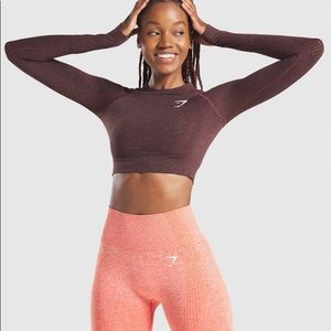 GYMSHARK vital seamless long sleeve crop top- brown marl xs